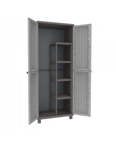 Linea di armadi modulari con robusta struttura in PPL ed elegente finitura legno color tortora. Gli armadi hanno ante apribili a 180° e ripiani regolabili. Piedini rialzati e predispozizione per il lucchetto. Adatto sia per ambienti interni che esterni. A