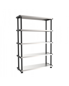 Scaffale composto da 4 montanti verticali in plastica nera con piedini regolabili in altezza.  5 ripiani in metallo regolabili  con profondità di 45cm con portata massima di 120Kg per ripiano. Montaggio dello scaffale stimato in 10". Possibilità di fissag