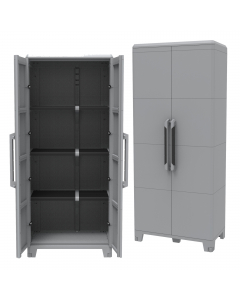 Armadio in colore grigio con struttura a moduli interconnessi e sovrapposti che garantiscono solidità e robustezza. Fondo rinforzato con 6 piedi di cui i due anteriori regolabili in altezza. Ripiani interni modulari con portata massima di 40Kg a ripiano. 