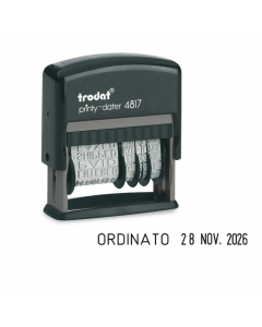 Timbro datario polinome autoinchiostrante. 12 diciture: FATTURATO, MAILED, VERIFICATO, REGISTRATO, SPEDITO, ORDINATO, SCADENZA, VISTO, FAXATO, PAGATO, RISPOSTO, RICEVUTO. Altezza carattere data 3,8mm. Cartuccia inchiostro 6/4817.