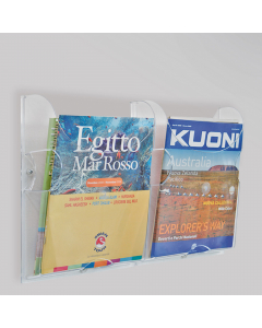 Vaschette portadepliant in ps trasparente, concepite per applicazioni modulari a parete. Fornite con viti e tasselli per il fissaggio. Ideali per l'esposizione di materiale promo-pubblicitario. Dimensioni: 26x9x33cm set da 2 vaschette singole