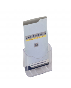 Espositore da banco portabrochure in ps altamente trasparente ad una tasca per formati 1/3 a4. L'espositore e' appendibile grazie a 2 fori posti sulla schiena dello stesso che permettono una perfetta adesione alla parete.Base 12cm profondita' 9cm altezza 