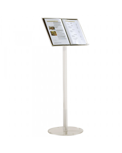 Elegante struttura in acrilico con base circolare e leggio 32x48cm. Ideale per centri congressi, conferenze, ristoranti, teatri ecc. dimensioni: °36 x 122cm