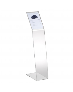 Leggio da terra autoportante realizzato in acrilico trasparente dimensioni 22x38x H108cm. Piantana dal design semplice ed elegante, dotata di tasca porta foglio formato A4 verticale per un rapido ricambio, favorito dalle linguette di facilitazione poste s