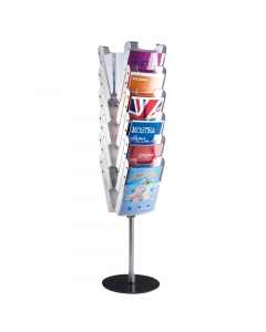 ESPOSITORE DA TERRA CON STRUTTURA IN ALLUMINIO ANODIZZATO E BASE IN ACCIAIO VERNICIATO ANTRACITE. VASCHETTE FORMATO A4 IN MATERIALE PLASTICO FLESSIBILE. FRONTALINO AMOVIBILE PER CONSENTIRE UNA FACILE PULIZIA DELLE VASCHETTE. DIMENSIONI: Ø32 X 130CM - 12 T