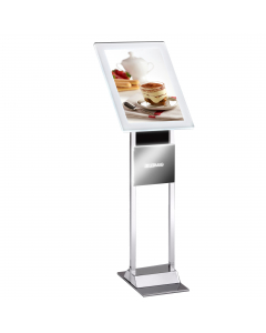 Comodo e pratico leggio da interno con cornice LEDMAG retroilluminata a LED formato A3 verticale/orizzontale. Piantana in acciaio metalizzato, alimentatore interno da 40w. H 110cm; P 40cm. Ideale per ristoranti, sale riunioni, agenzie, spazi espositivi in