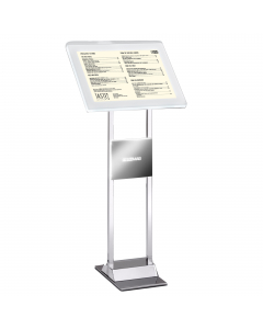 Comodo e pratico leggio da interno con cornice LEDMAG retroilluminata a LED formato A4 verticale/orizzontale. Piantana in acciaio metalizzato, alimentatore interno da 40w. H 110cm; P 40cm. Ideale per ristoranti, sale riunioni, agenzie, spazi espositivi in