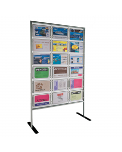 porta avvisi autoportante con struttura in alluminio anodizzato, per una comunicazione moderna e chiara. composto da 18 pannelli formato a4 orizzontali, montati su barre cromate, versatili e facili nella sostituzione del messaggio. Su richiesta è possibil