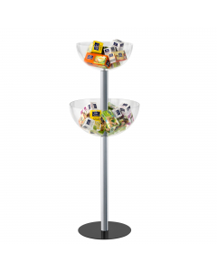 Espositore da terra con semisfera Ø 40cm e semisfera  Ø 50cm  in acrilico su due livelli. Queste strutture con contenitori, per prodotti di vario genere (dagli alimentari confezionati al merchandising, farmaci, cosmetici), sono ideali per ogni esigenza di