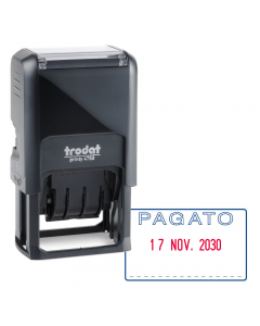 Datario autoinchiostrante con testo bicolore RICEVUTO, PAGATO, o REGISTRATO. Impostazione pulita della data grazie alla copertura delle bande. Sostituzione della cartuccia più semplice e pulita grazie a speciali impugnature. Piastra 41x24mm. Altezza data 