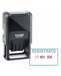 Datario autoinchiostrante con testo bicolore RICEVUTO, PAGATO, o REGISTRATO. Impostazione pulita della data grazie alla copertura delle bande. Sostituzione della cartuccia più semplice e pulita grazie a speciali impugnature. Piastra 41x24mm. Altezza data 