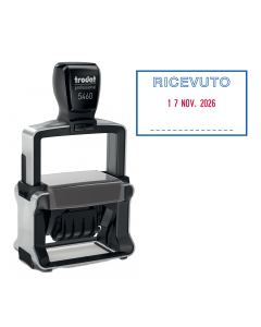 Timbro datario autoinchiostrante per uso professionale con testo fisso RICEVUTO. Piastra di stampa 56x33mm. Altezza caratteri 4mm. Impronta bicolore. Tampone di ricambio 6/56-2 blu-rosso (cod. 83436).