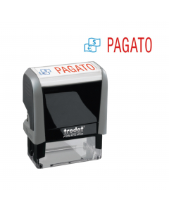 Printy Office Eco con testo PAGATO in materiale plastico riciclato al 65%. Impronta bicolore. Piastra da 47x18mm.