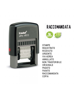 Timbro polinome con 12 diciture: STAMPE, REGISTRATO, RICEVUTO, URGENTE,VIA AEREA, ANNULLATO, NON TRASFERIBILE, ORIGINALE, PAGATO, FAXATO, RACCOMANDATA, COPIA. Altezza carattere 4mm. Cartuccia di inchiostro 6/4911.