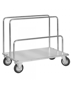 Carrello in lamiera di acciaio zincato con 2 barre alte e 1 bassa idoneo per il trasporto di carichi lunghi quali barre, profili, rotoli di tessuto, ecc. Pianale sp. 15/10 rinforzato, con 5 fori per lato che consentono l’innesto di barre di carico in tubo