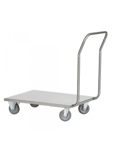 Carrello in acciaio inox AISI 304 a pianale. Manico ripiegabile montato sul lato corto e 4 ruote in gomma diametro 125cm, di cui 2 frenanti, anello in gomma grigia antitraccia, rotolamento su cuscinetti. Portata 120kg. Dimensioni carrello: 60Lx90Px97Hcm. 