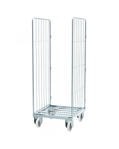 Carrello Roll Container con 2 sponde laterali con cinghia, in filo zincato, 4 ruote nylon 10cm, 2 fisse e 2 girevoli. Portata 500kg. Dimensioni: 70Lx80Px179Hcm. Fornito smontato.