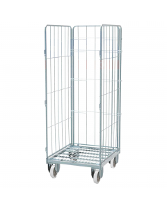 Carrello Roll Container con 3 sponde laterali, in filo zincato, 4 ruote nylon 10cm, 2 fisse e 2 girevoli. Portata 500kg. Dimensioni: 70Lx80Px179Hcm. Fornito smontato.