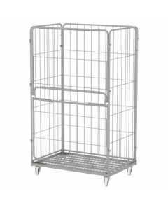 Carrello Roll Container con 4 sponde laterali, di cui una con ribalta, in filo zincato, 4 ruote nylon 10cm, 2 fisse e 2 girevoli. Portata 500kg. Dimensioni:120Lx80Px198Hcm. Fornito smontato.