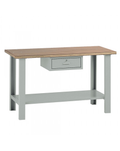 Banco da lavoro con piano in legno impiallacciato in noce tanganika e bordato in faggio spessore mm. 40, 2 fiancate, 1 sottopiano sagomato e rinforzato, 1 cassetto scorrevole su guide con cuscinetti a sfera e serratura. Portata kg.1000. Verniciatura a pol