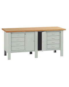 Banco da lavoro con piano in legno impiallacciato in noce tanganika e bordato in faggio spessore mm. 40. Struttura in lamiera pannellata con 3 fiancate, 1 sottopiano sagomato e rinforzato, 2 cassettiere a 4 cassetti scorrevoli su guide con cuscinetti a sf
