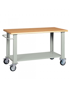 Banco con piano in legno impiallacciato in noce tanganika e bordato in faggio spessore mm. 40 raggio 2, 1 sottopiano sagomato e rinforzato, 1 manico. Struttura grigia RAL 7038. Ruote con cuscinetti diametro 15cm (2 fisse e 2 girevoli frenenti). Dimensioni
