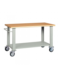 Banco con piano in legno impiallacciato in noce tanganika e bordato in faggio spessore mm. 40 raggio 2, 1 sottopiano sagomato e rinforzato, 1 manico. Struttura grigia RAL 7038. Ruote con cuscinetti diametro 15cm (2 fisse e 2 girevoli frenenti). Dimensioni