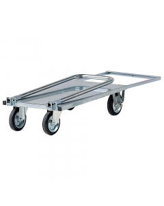 Carrello zincato in tubolare ed angolare di acciaio con manico pieghevole, pianale ad incastro spessore 8/10. e prolunghe estraibili, ruote mm. 140 con cuscinetti a rulli, 2 fisse e 2 girevoli. Portata kg. 200. Dimensioni: 75,5/106Lx46Px17,5/90,5Hcm. Forn