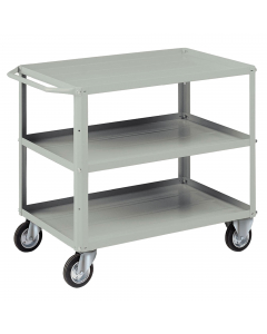 Carrello in lamiera a 3 vasche, ruote 140 con cuscinetti a rulli a rulli, 2 fisse e 2 girevoli. Portata kg.120 ogni vasca. Portata carrello kg.360. Smontato. Verniciatura a polvere grigio RAL 7038.
Dimensioni ingombro: mm. 1040 x 600 x 865 h.
Dimensioni v