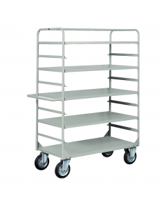 Carrello in lamiera a 4 piani estraibili, manico e 1 piano fisso. Ruote 20cm con cuscinetti, 2 fisse e 2 girevoli. Portata 450kg. Verniciatura a polvere grigio RAL 7038. Dimensioni carrello: 132Lx67Px177Hcm. Dimensioni pianale: 110Lx65Hcm. Fornito smontat