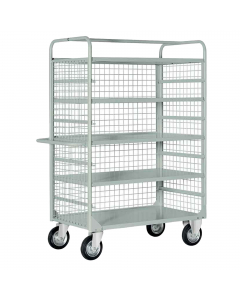 Carrello in lamiera a 4 piani estraibili, sponde in rete con maglia 5x5x0,4cm su 3 lati, manico e 1 piano fisso. Ruote 20cm con cuscinetti, 2 fisse e 2 girevoli. Portata 450kg. Verniciatura a polvere grigio RAL 7038. Ideale per lo spostamento rapido e in 