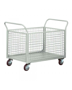 Carrello con pianale in lamiera e 4 sponde, di cui 2 laterali asportabili, in tubo e rete con maglia 5x5x0,4cm. Ruote 14cm con cuscinetti a rulli, 2 fisse e 2 girevoli. Portata 300kg. Verniciatura a polvere grigio RAL 7038. Dimensioni carrello: 138Lx66Px2