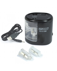Temperamatite elettrico da tavolo a 2 fori con serbatioi. Funzionamento a Pile AA e/o con alimentatore USB in dotazione. La confezione contiene 2 extra temperamatite di ricambio. Colore: nero.