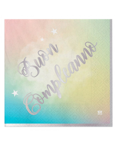 Tovaglioli in carta con scritta Buon Compleanno Soft Rainbow. Dimensioni: 33x33cm