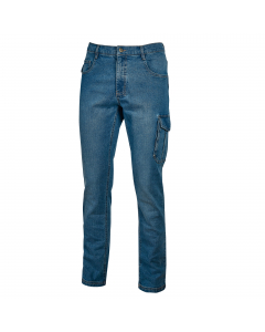 Jeans Slim-Fit 5 tasche elasticizzato con tascone laterale, tasca porta metro e fettuccia porta martello. Nastro rosso/reflex su passante tubolare posteriore e zip. Su ordinazione tutte le taglie da S a 3XL.