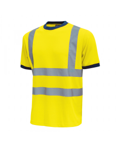 T-Shirt con strisce riflettenti applicate. Collo e bordo manica in costine elasticizzate in colore blu. Fettuccia parasudore. La composizione del tessuto garantisce una buona traspirabilità aumentando il comfort. Conformità alle norme EN ISO 13688:2013 e 