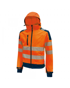 Giacca in tessuto Softshell, stretch, traspirante, antivento e idrorepellente. Due ampie tasche frontali chiuse con zip. Tasca porta cellulare su petto con chiusura zip, cappuccio staccabile con zip, maniche preformate , coulisse antimpigliamento regolabi