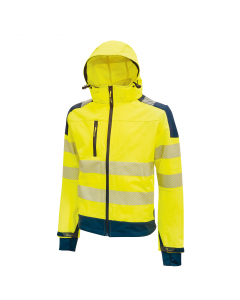 Giacca in tessuto Softshell, stretch, traspirante, antivento e idrorepellente. Due ampie tasche frontali chiuse con zip. Tasca porta cellulare su petto con chiusura zip, cappuccio staccabile con zip, maniche preformate , coulisse antimpigliamento regolabi