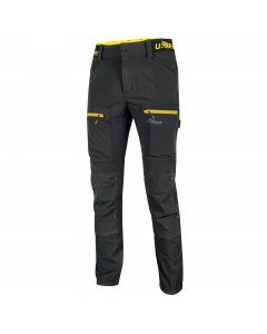 "Pantaloni da lavoro stretch in tessuto U-4 con vestibilità jogging e inserti elasticizzati in vita e sul fondo per offrire una migliore vestibilità. Pantaloni da lavoro rinforzati con battitacco antiusura e carré posteriore accentuato per una maggior pro