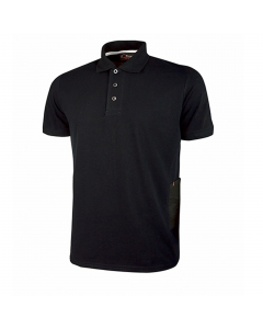 Polo, manica corta, in piquet di polycotone. Slim fit. Collo e bordo manica a costine elasticizzate. Collo chiuso da tre bottoni in tono. Fettuccia para- sudore bianca. Tasca porta cellulare sul fianco sinistro con travetta rossa. Nastro rosso/reflex su c