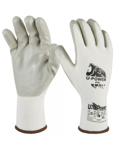 Guanti per uso generale. Fodera in nylon bianco 13G con rivestimento in schiuma di nitrile grigio chiaro. Guanti leggeri e resistenti all‘abrasione che proteggono con una durata eccezionale. Certificato Oeko-TEX standard 100. Funzione touchscreen. Certifi
