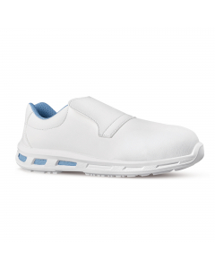 Scarpe antinfortunistiche totalmente "Metal free", bianche senza stringhe, basse, leggere e comode u power della linea Red Lion, con tomaia New safety dry, idrorepellente, traspirante, puntale composite, antiscivolo e suola PU/PU infinergy. Dispositivo di