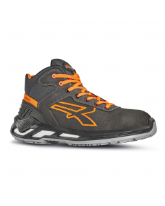 Scarpe antinfortunistiche alte, leggere e comode U-Power della linea Red 360, con tomaia in pelle nabuk naturale bottalato, idrorepellente, tallonetta anti-shock, puntale in alluminio, antiperforazione, antiscivolo e suola PU/PU infinergy, S3 SRC CI ESD. 