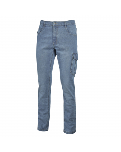 Jeans Slim-Fit 5 tasche elasticizzato con tascone laterale, tasca porta metro e fettuccia porta martello. Nastro rosso/reflex su passante tubolare posteriore e zip. Su ordinazione tutte le taglie da S a 3XL.