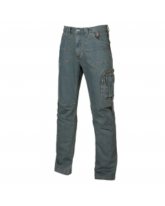 Pantalone da lavoro in tessuto jeans stretch. 2 ampie tasche anteriori con soffietti tecnici stretch; tasca portamonete, tasca laterale portautensili, multitasca funzionale laterale con portacellulare e con portabadge a scomparsa, 2 tasche posteriori con 