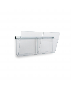 Barra in alluminio con tappini terminali grigi. e tappi di fissaggio. Completo di 2 tasche portadepliant vision A4 in polistirene trasparente neutro. Dimensioni (lxhxp): 50x14x25cm.