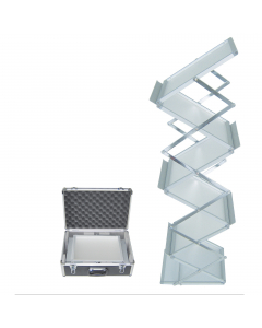Espositore ideale per essere trasportato, poichÚ ripiegabile. realizzato in alluminio anodizzato con 5 ripiani in plexiglass satinato formato a4. Dotato di fermo di sicurezza al piede per garantire stabilitÓ all'espositore quando aperto. La struttura ripi