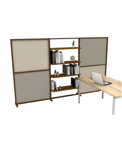Parete divisoria autoportante con elemento ripiani, che divide gli spazi e crea più privacy. Può essere posizionato dove si desidera. Modulo centrale con n.4 ripiani in laminato finitura lino cancun. Con quattro pannelli in laminato nei colori: 2 lino can