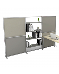 Parete divisoria autoportante con elemento ripiani, che divide gli spazi e crea più privacy. Può essere posizionato dove si desidera. Modulo centrale con n.4 ripiani in laminato finitura lino cancun. Con quattro pannelli in laminato nei colori: 2 lino can