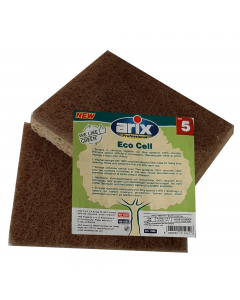 Spugna abrasiva ecofriendly con supporto in cellulosa biodegradabile 100% origine vegetale accoppiata a fibra abrasiva riciclata. Fibra forte riciclata:100% poliestere riciclato su resine fenoliche con carica abrasive da mix di minerali riciclati. Materia